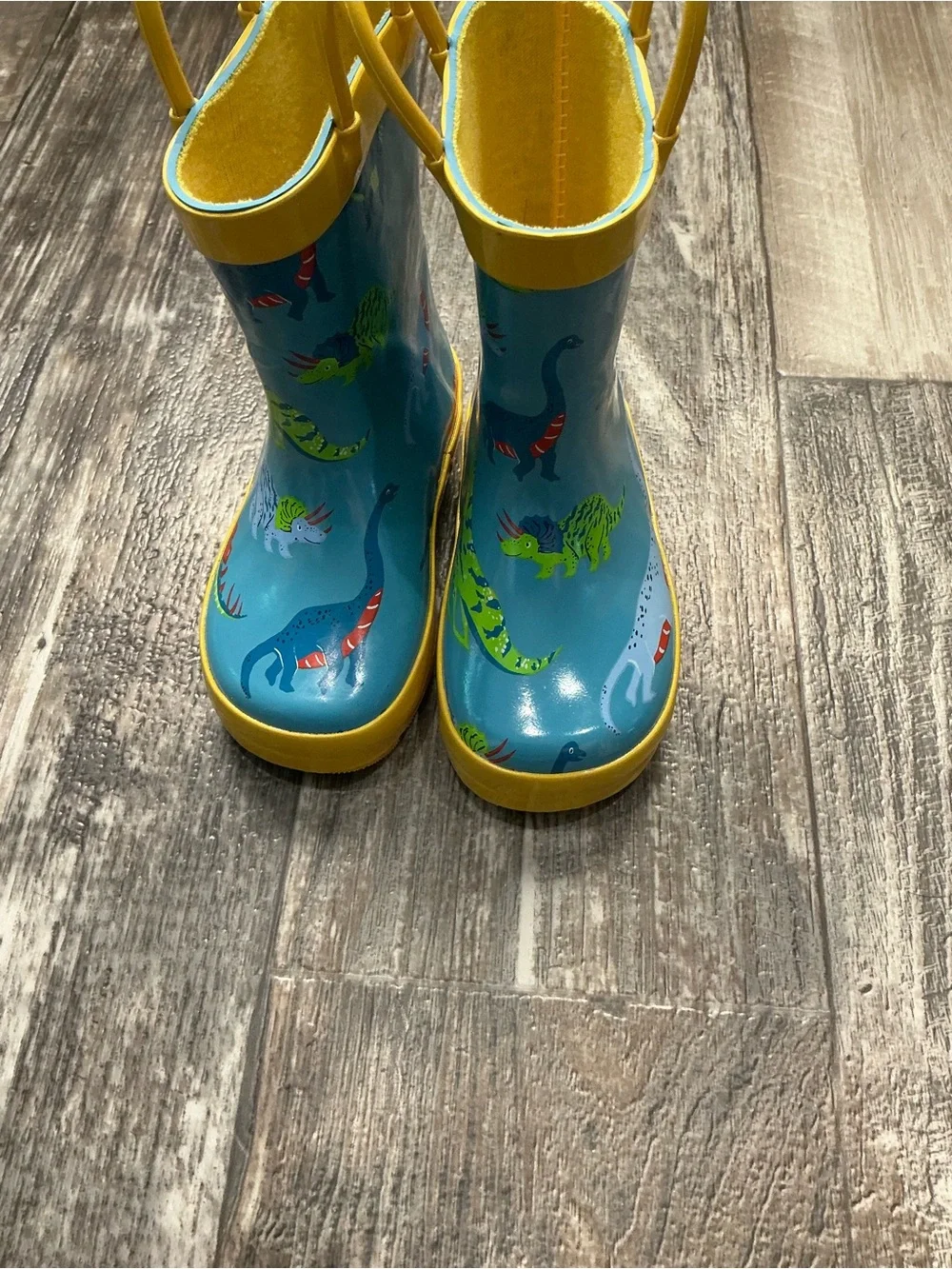 Toddler Yellow-Trim Blue Dinosaur Rain Boots Size 6